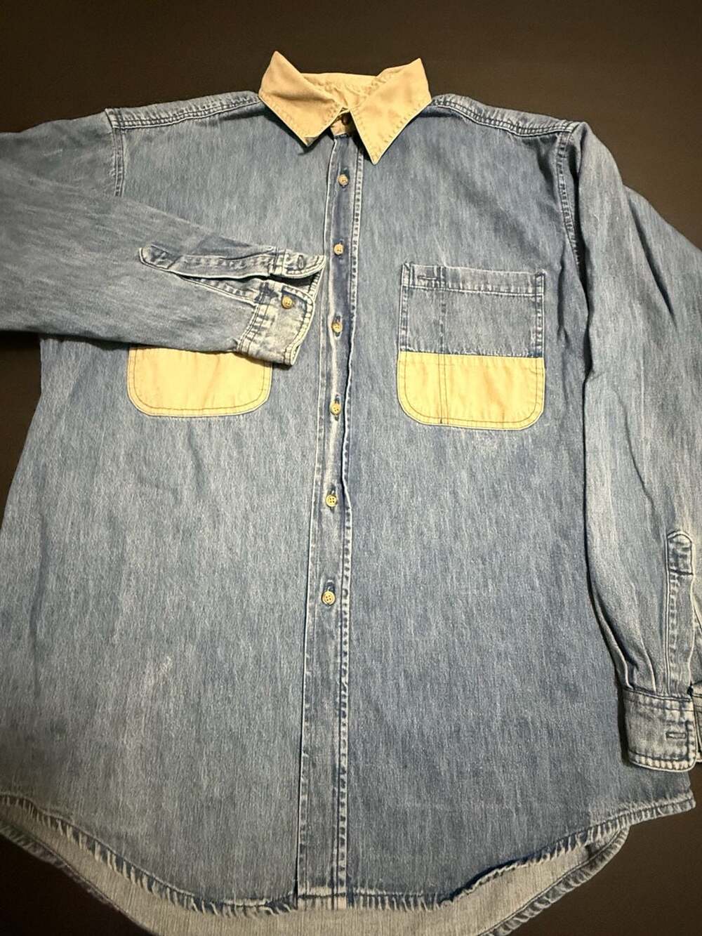 Ruff Hewn Denim Shirt Size L Contrasting Collar Pocket Panels